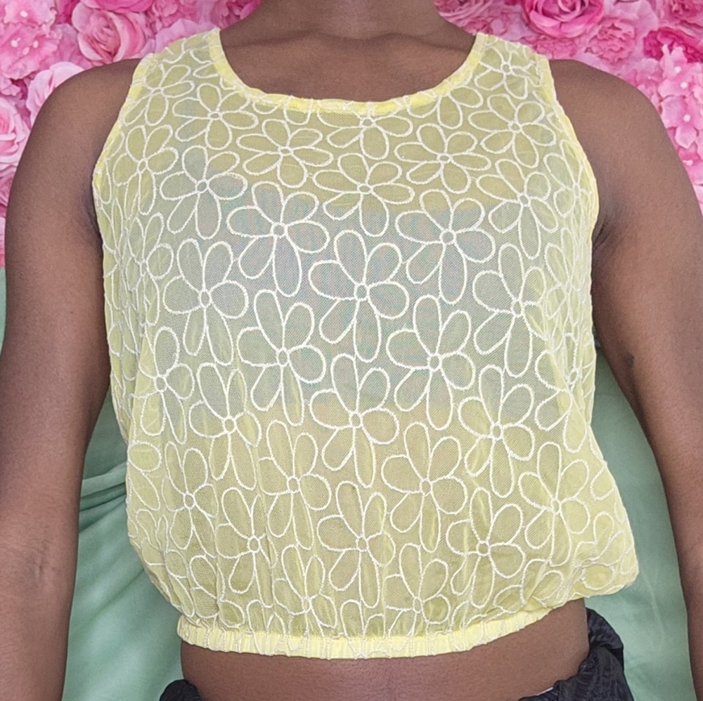 Wet Seal Yellow Floral Mesh Crop Top